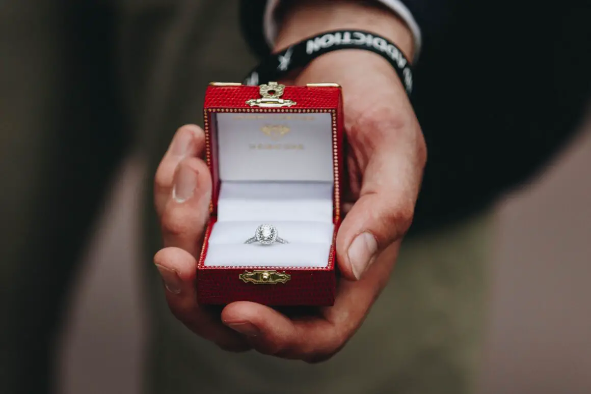 person holding box of silver-colored ring with clear gemstone - Hochzeitstantrag